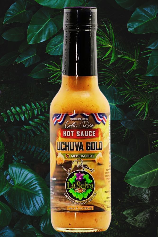 UCHUVA GOLD<BR>
	  Es una salsa equilibrada y deliciosa con un sabor exótico a uchuva, tomatillo verde y orégano. Contiene dos tipos de chiles picantes (panameño y cayena). Textura cremosa y homogenizada, endulzada con miel de abeja
	  <BR>Peso: 148 ml<br>Grado de picor: medio